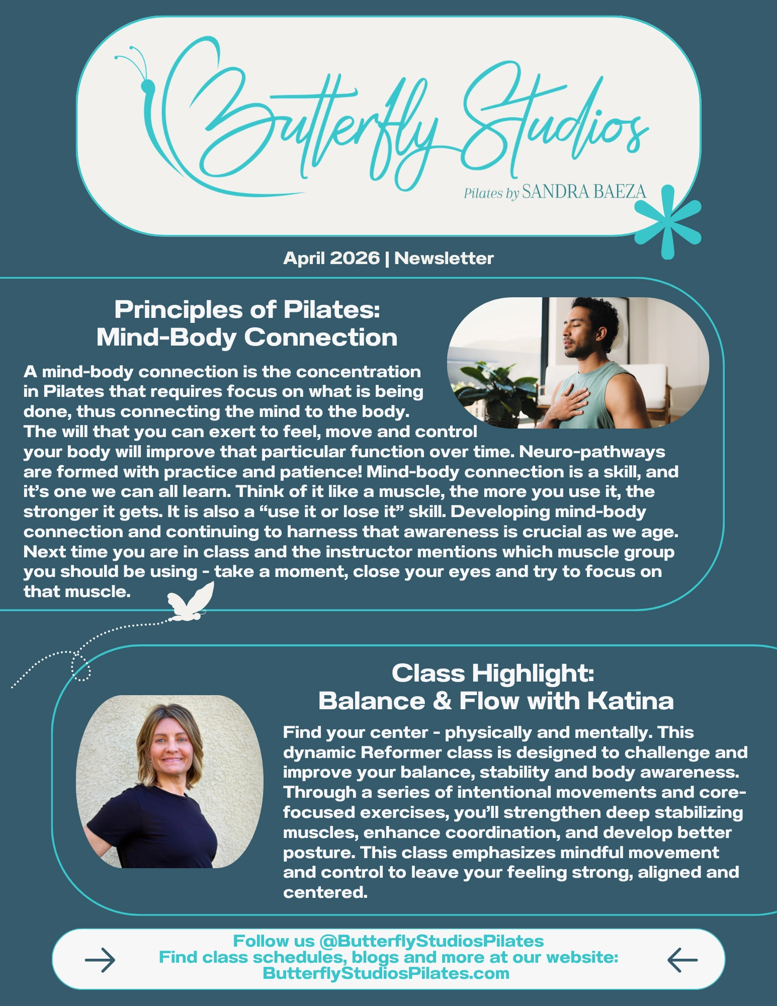 Butterfly Studios April Newsletter - Principles of Pilates, Mind-Body Connection, and Class Highlight: Balance & Flow with Katina