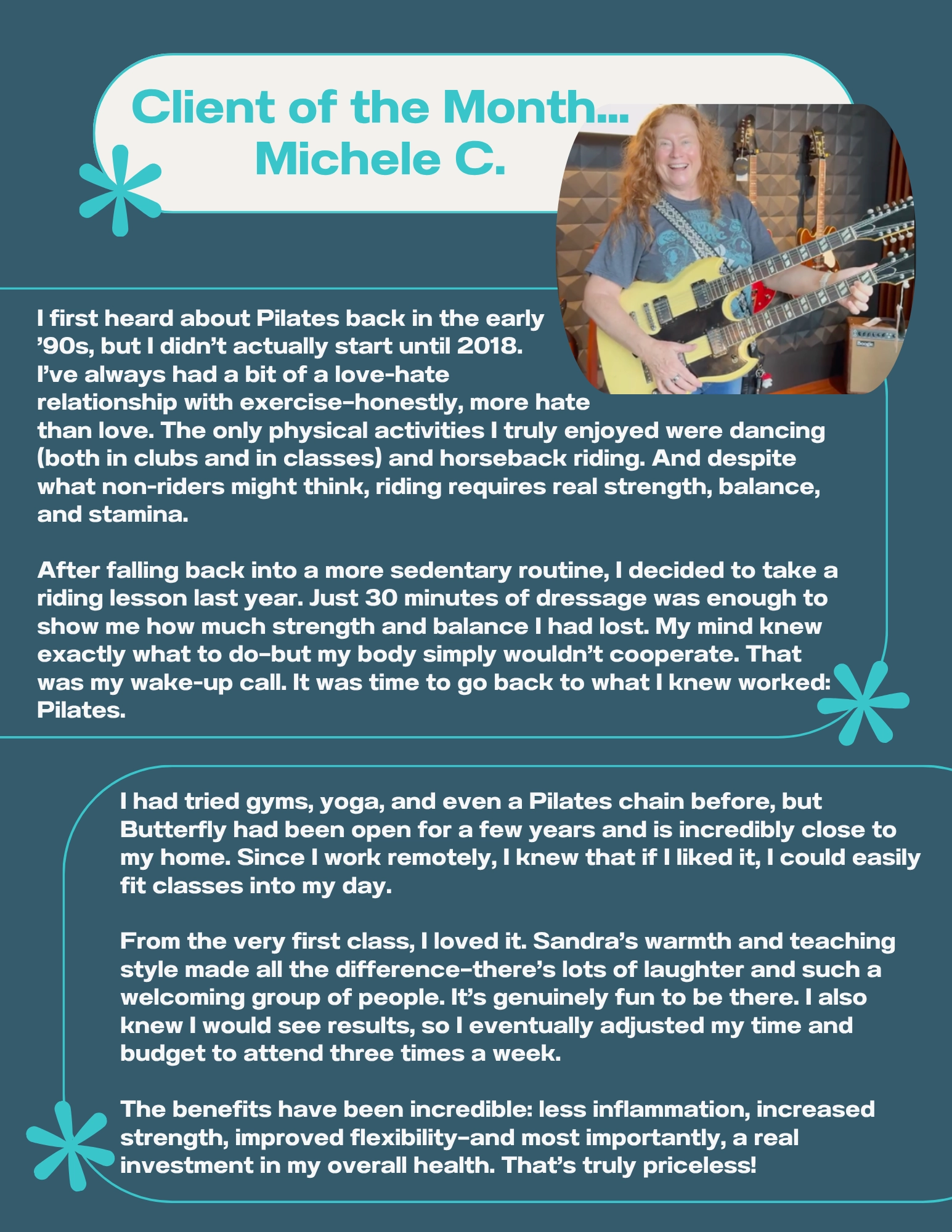 Client of the Month - Michele C. shares her Pilates journey at Butterfly Studios
